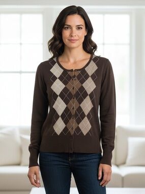 Apt. 9 100% Cashmere Argyle Cardigan Sweater - Brown/Tan/Cream - Size L